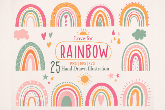 Cute Rainbow Illustration Clipart Set for Graphics and Illustrations