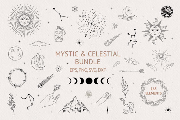 Hand Drawn Mystic Celestial Bundle for Graphics and Illustrations